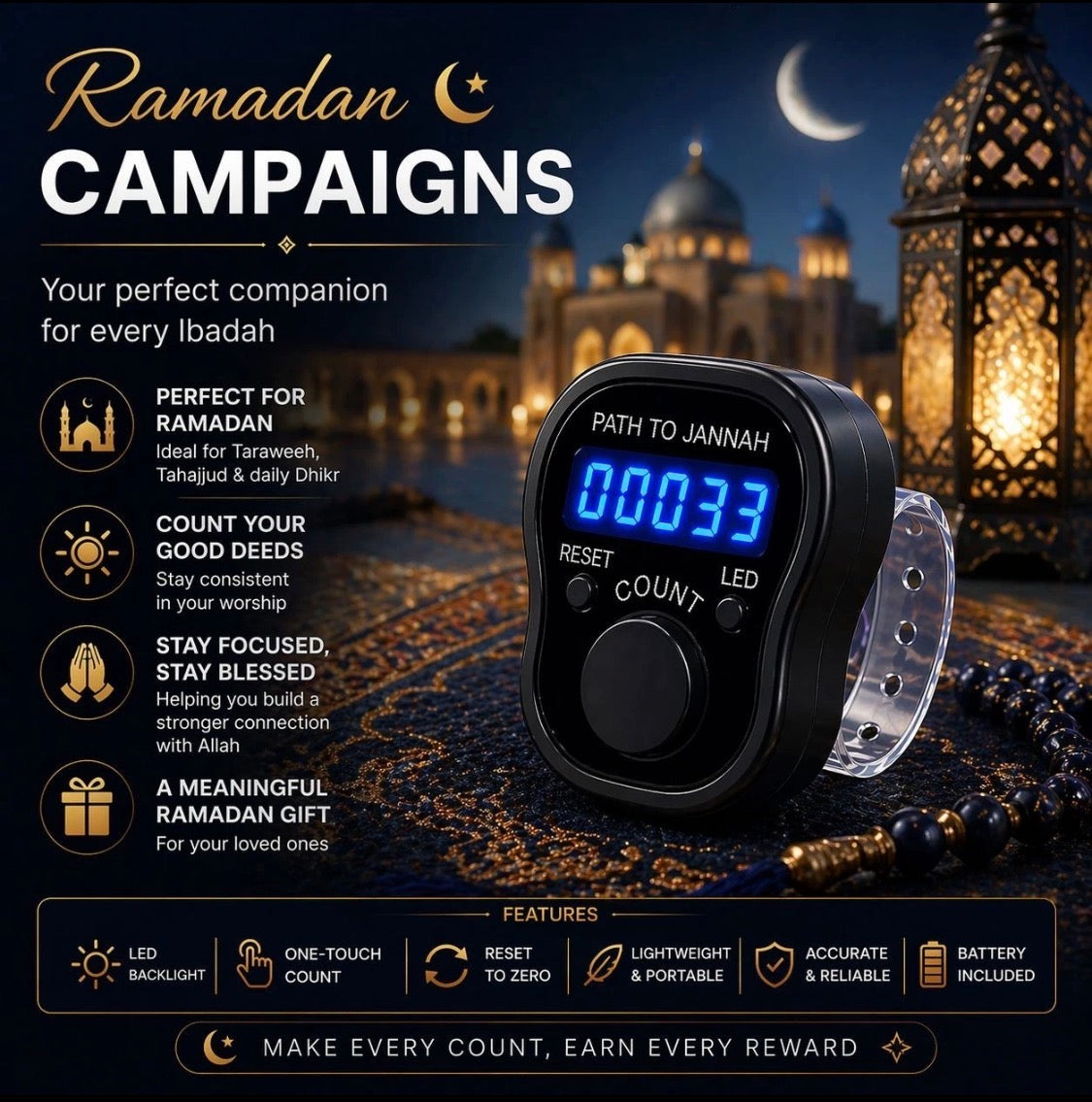 Digital Portable LED Tally Counter for Prayer & Counting Dikr Zikr Thasbi
